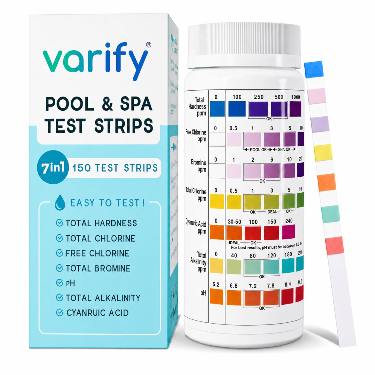 Varify 7in1 Pool Test Strips 150 Hot Tub Test Strips and Spa Test Strips | 150 S