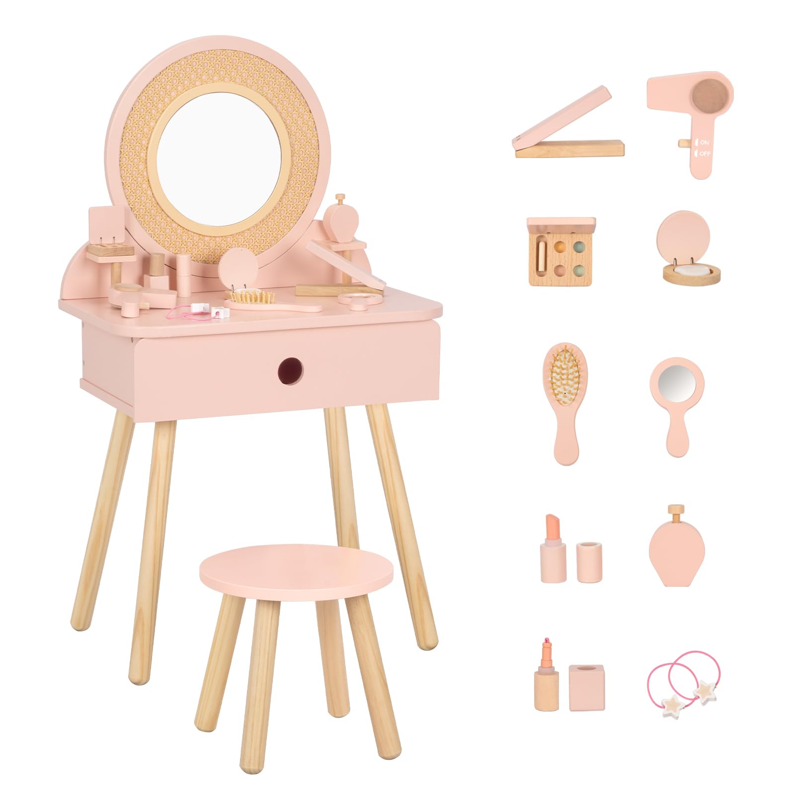 OOOK Toddler Vanity Set with 11pcs Accessories, Kids Vanity Table Chair Set | FS