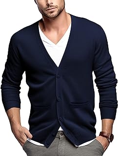 QUALFORT Men's Cardigan with Pockets Button Down Casual Slim Fit V-Neck 100% Cotton