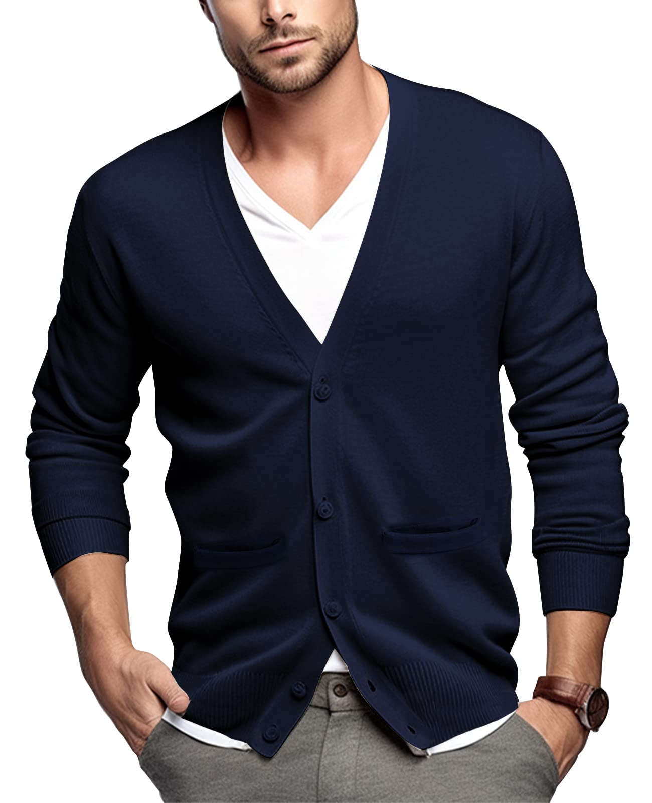 QUALFORT Men's Cardigan with Pockets Button Down Casual Slim Fit V-Neck 100% Cot
