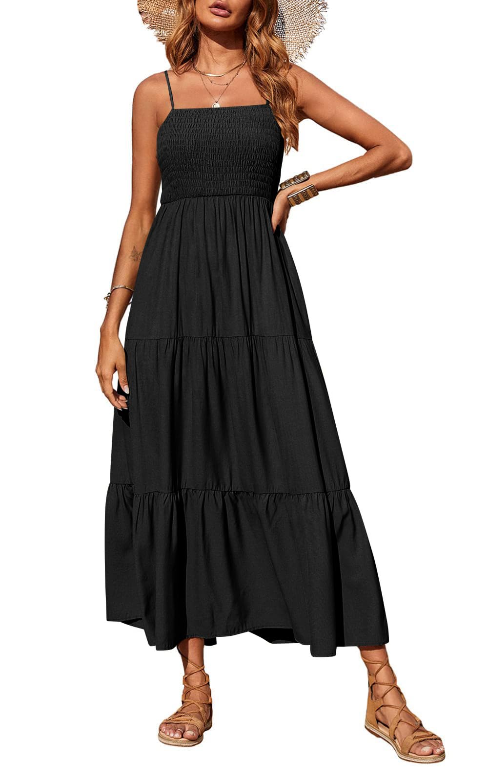 PRETTYGARDEN Women Summer Dress Maxi Casual Boho Sleeveless Spaghetti Strap Smoc