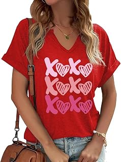 T-shirt da donna a maniche corte con scollo a V, con stampa a cuore, per San Valentino
