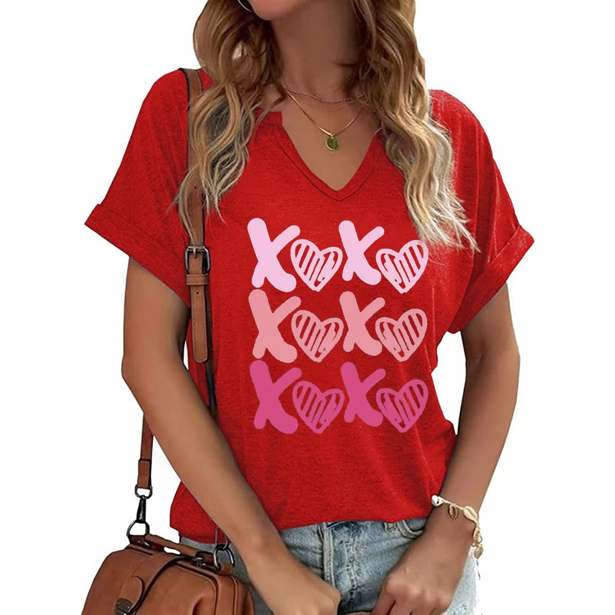 T-shirt da donna a maniche corte con scollo a V, con stampa a cuore, per San Val