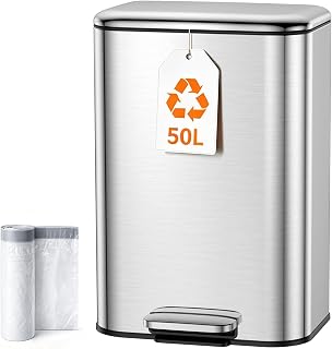Kitchen Bin 50L, Pedal Bin,13 Gallon Stainless Steel Soft‑Close Rubbish Bin