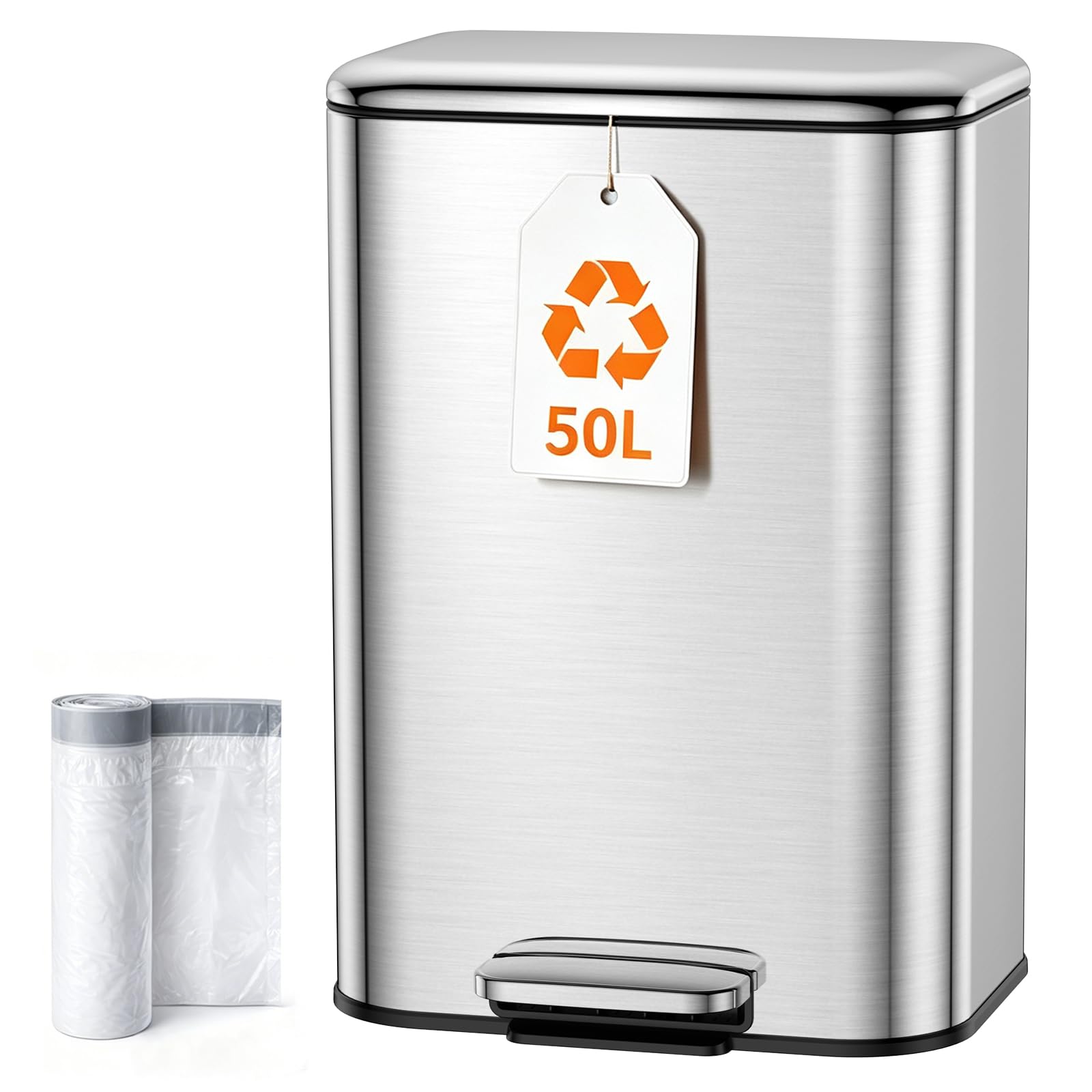 Kitchen Bin 50L, Pedal Bin,13 Gallon Stainless Steel Soft‑Close Rubbish Bin