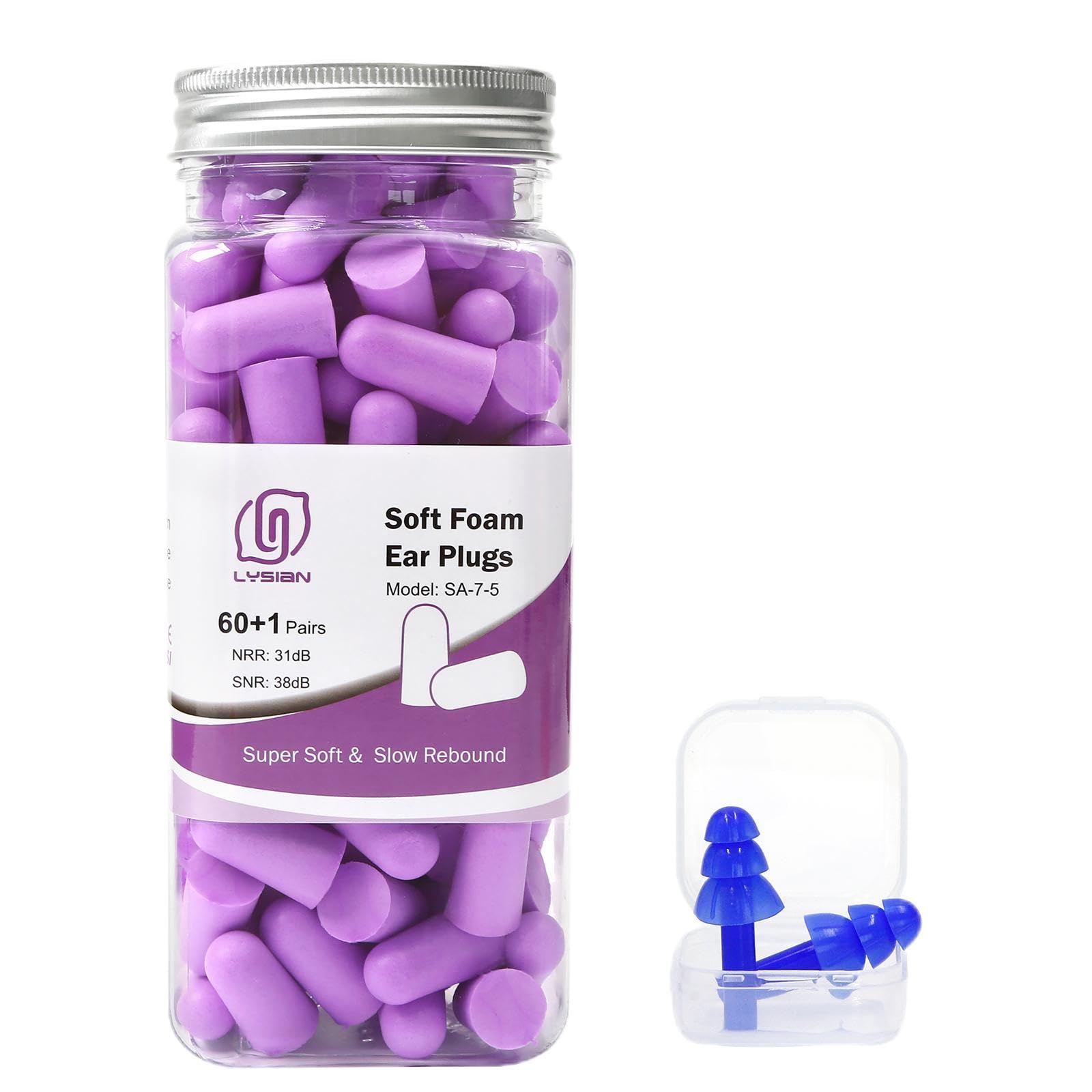 LYSIAN Soft Foam Ear Plugs for Sleeping, 60 Pairs, 38dB SNR, Purple | Ultra-soft