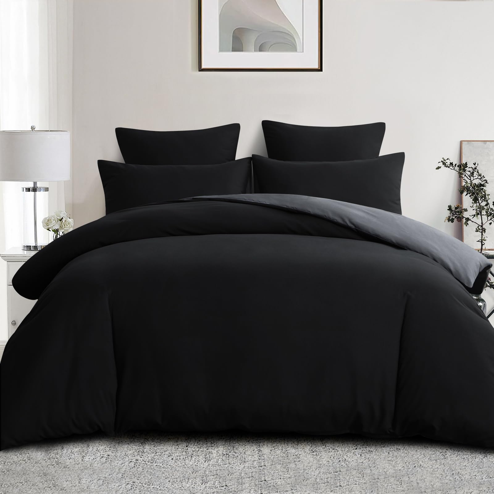 Aisbo King Size Duvet Cover Set - 3Pcs Reversible Bedding Bed Set Black and Grey