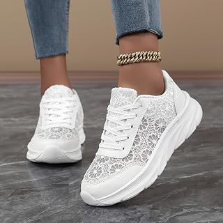 white lace sneakers for women, breathable floral mesh walking shoes, lightweight casual lace-up tennis shoes