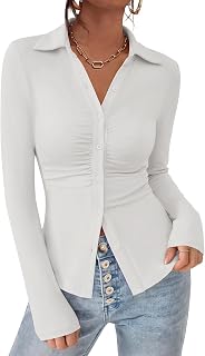 PRETTYGARDEN Women Shirt Button Down V-Neck Collar Ruched Slim Fit Long Sleeve Casual Autumn Fashion Women Tops