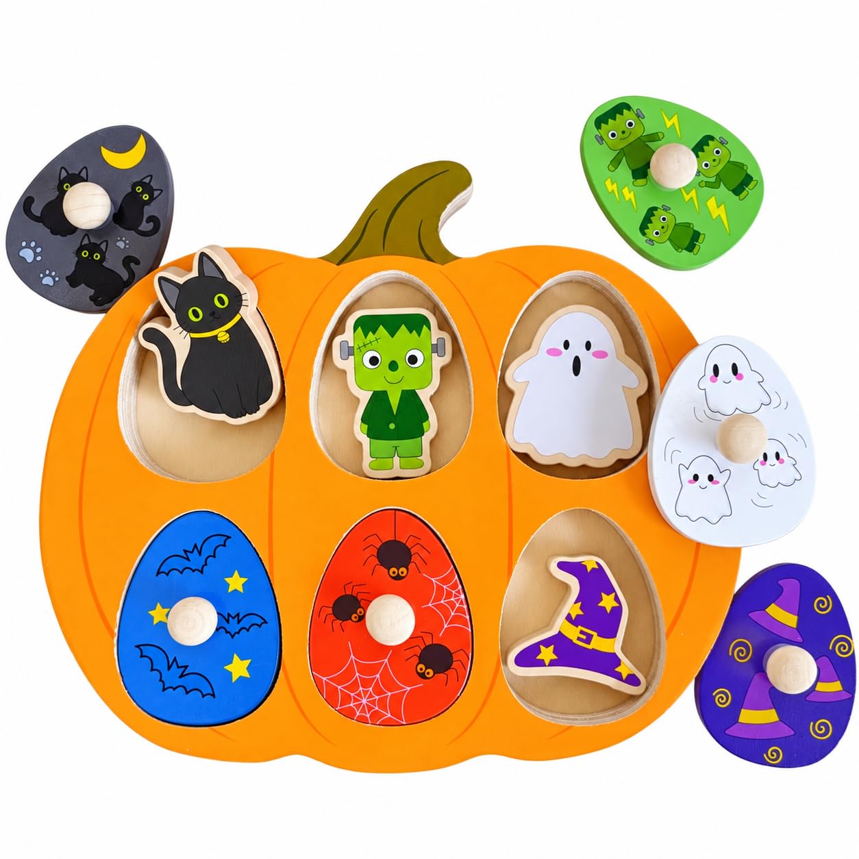 Halloween Pumpkin Wooden Peg Puzzle for Toddlers Montessori Toy for Age 1-3 | En