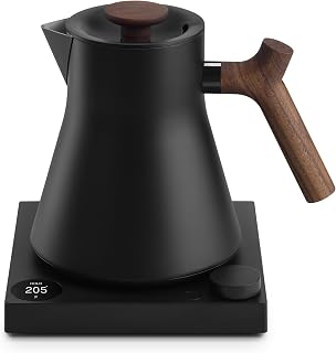 Fellow Corvo EKG Pro Small Electric Tea Kettle for Coffee, 0.9 Liter | Temperature Control, Stainless Steel, Wide Spout, Brew Timer, Smart Scheduling, Quick Heating, Matte Black, Walnut Handle