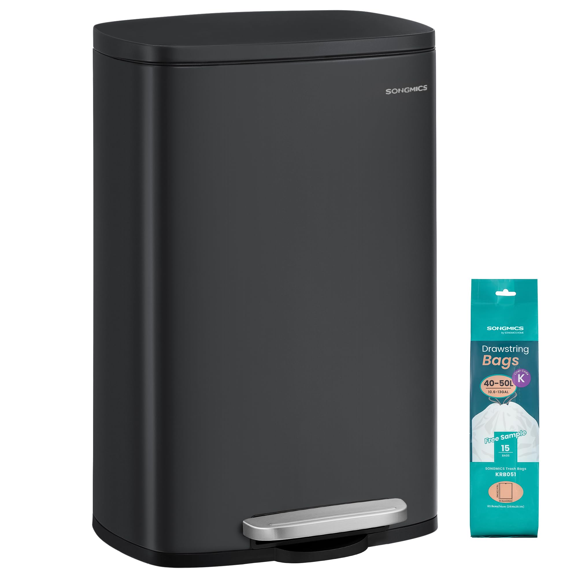SONGMICS 50L Ink Black Kitchen Bin, Easy-Clean Steel, Soft-Close Lid