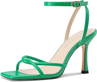 HDEUOLM Women's Stiletto High Heel Square Toe Cap Sandals Ankle Strap Prom Party Dress 10cm Heels
