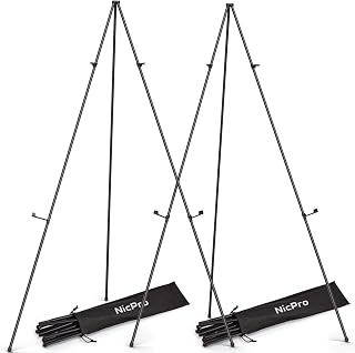 Nicpro Folding Easels for Display, 2 Pack Adjustable 63" Metal Floor Stand | Up to 5 LBs, Lightweight Tripod Black Portable Display Easel Stand for Sign, Artist, Art Painting, Poster, Wedding, Carry Bag