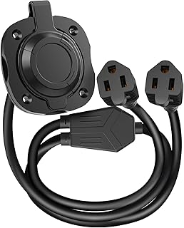 15 Amp 125V AC Power Inlet Port Plug with Integrated Dual 18" Extension Cord, NEMA 5-15 RV Flanged Inlet with Waterproof & Back Cover Y Splitter Cable, 2 Pole 3-Wire Shore Power Plug for Boat