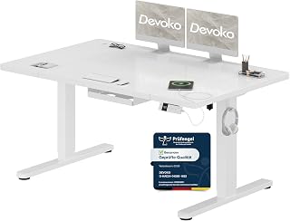 Devoko Height-Adjustable Desk 140 x 80 cm with Type-C Charging Port, Mobile Electric Computer Desk with Cable Management Tray and 3-Function Memory, White
