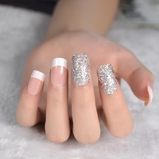 Square Press-On Medium Nude White French Nail Glitter Design - Full Coverage Gloss Set for Women - 24 Pieces