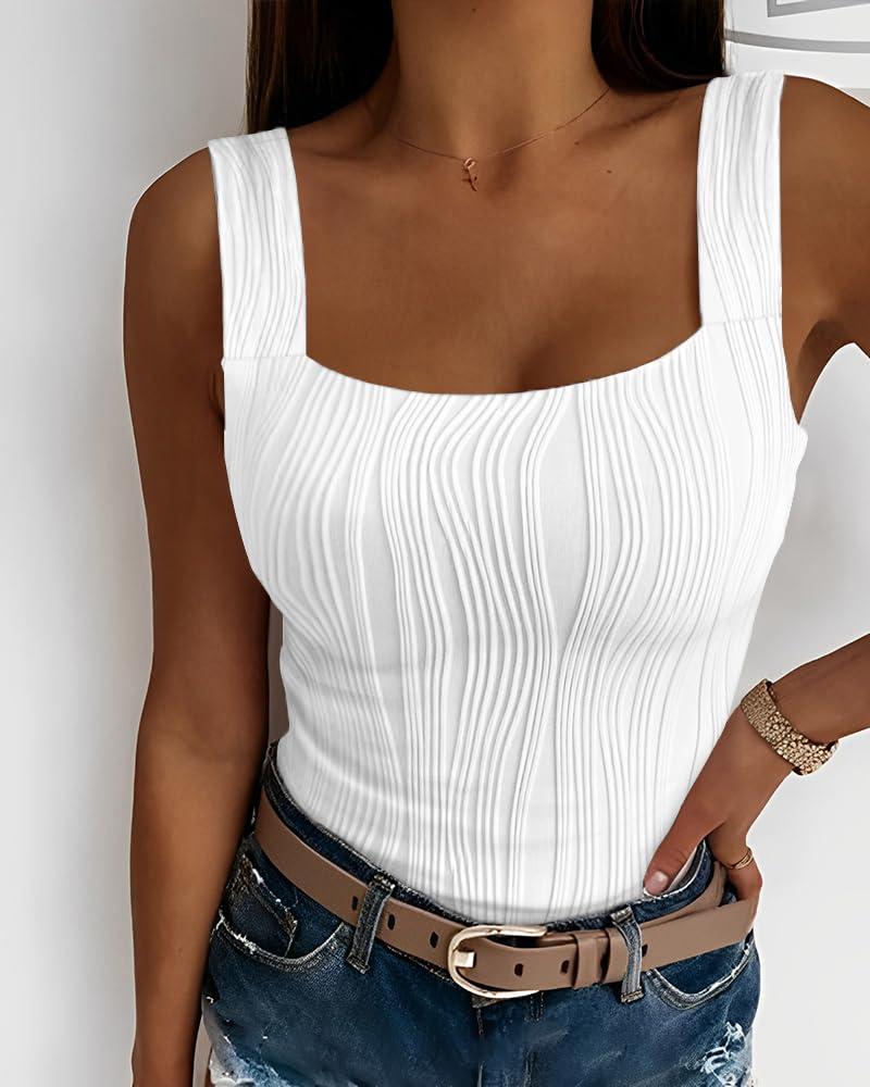 Women's Casual Sleeveless Square Neck Textured Tank Top for Daily Wear