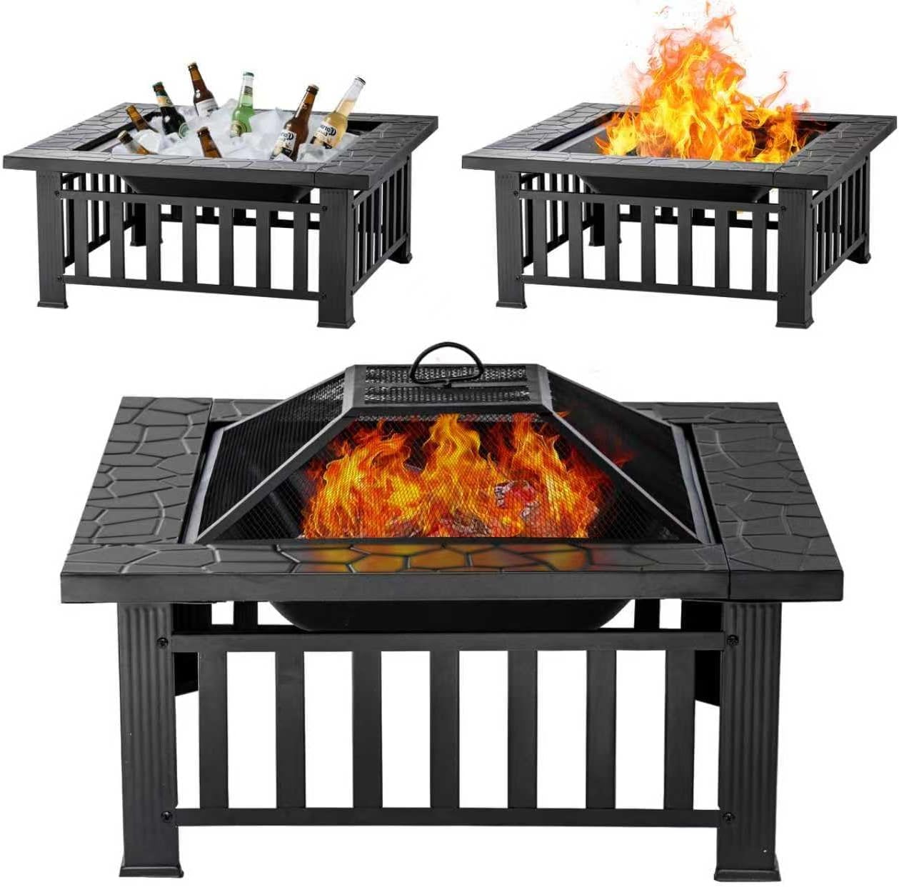 Panovue Fire Pit Table 32 Inch Square Metal Stove for Patio, Backyard | Wood Bur