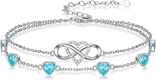 Infinity Heart Birthstone Charm Link Anklets/Bracelets for Women 925 Sterling Silver Adjustable Anniversary Birthday Gifts Mother's Day Jewelry Gift for Mom Women Wife Her Friends
