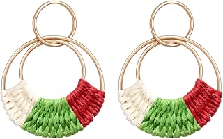 Raffia Hoop Earrings for Women Fun Boho Summer Beach Earrings Lightweight Handmade Straw Wicker Rattan Dangle Earrings Statement Geometric Round Drop Earrings