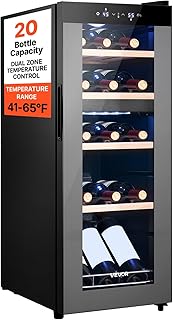 VEVOR 20 Bottle Wine Fridge, Freestanding Wine Cooler Refrigerator, Dual Zone Cooler, 41℉ to 65℉ Adjustable Temp Mini Cellar, Glass Door, For Home Office Bar, Red White Champagne or Sparkling Wines