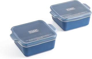 Souper Cubes 5x5" Ceramic Baking Dishes with Lids, Blueberry, 2-Pack | Premium US-Made Small Ceramic Baking Dishes with Silicone Lids, Oven, Microwave & Air Fryer Safe