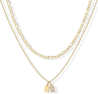 PAVOI Initial Necklace for Women, 14K Gold Plated Double Dog Tag CZ Pendant
