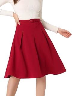Allegra K Women Office Work Belted Waist Midi A-Line Pleated Skirt