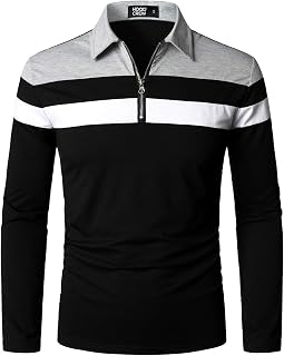 HOOD CREW Mens Casual Long Sleeve Polo Shirts Contrast Color Patchwork Cotton Tee Tops