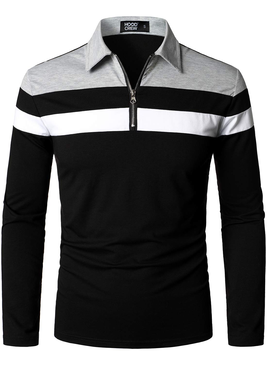 HOOD CREW Mens Casual Long Sleeve Polo Shirts Contrast Color Patchwork Cotton Te