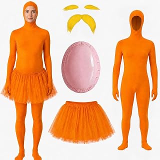 5 Pcs Orange Jumpsuit Tutu Skirt Fake Belly Mustache Eyebrows for Halloween | Unisex Stretchy Body Suit, Inflatable Props, Adult Costume Set for Cosplay Holiday Party