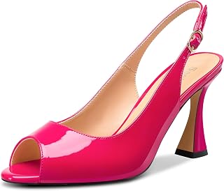 Saekcted Women's Mid Heel Open Toe Pumps Sandals Ankle Strap Slingback Slip-on Buckle Closure Dance Cute Dress Summer 8.5CM Heels