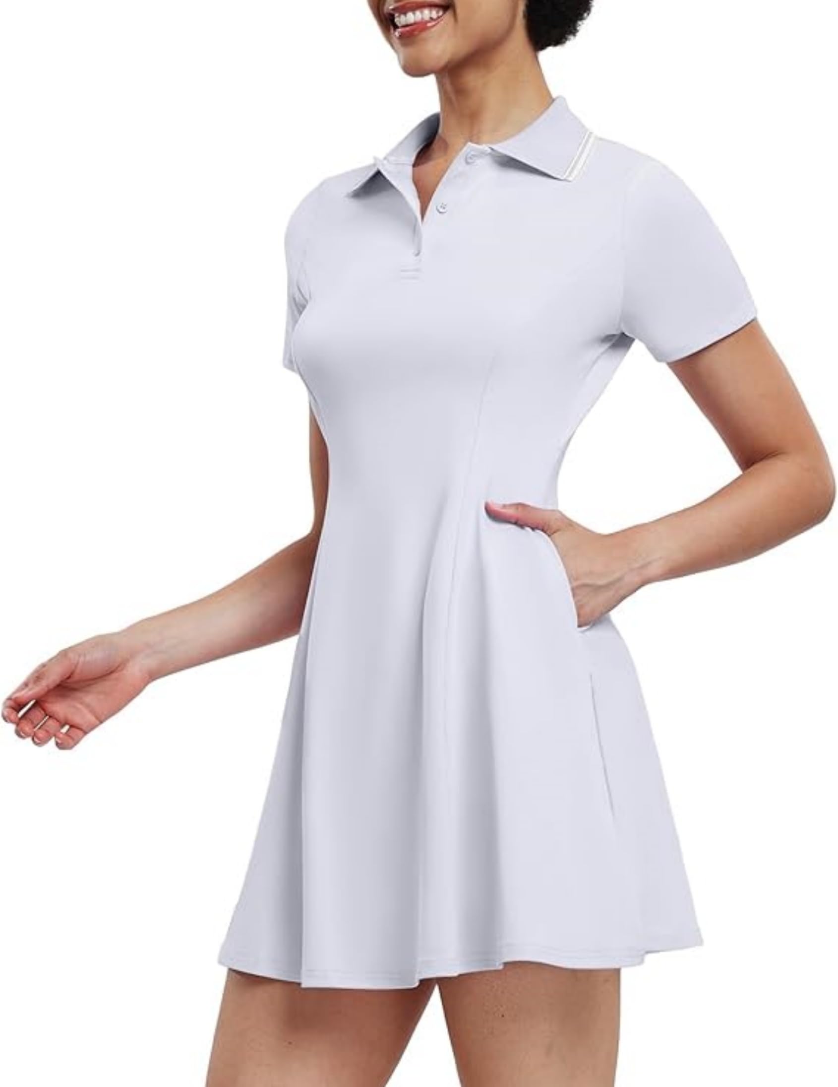 Women's Short Sleeve Golf Tennis Dress with Button Placket and Pockets for Sport
