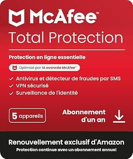 McAfee Total Protection 5 appareils 2026 |12 mois | VPN sécurisé, logiciel de sécurité avec antivirus, gestionnaire de mots de passe et surveillance de l'identité | Abonnements Amazon