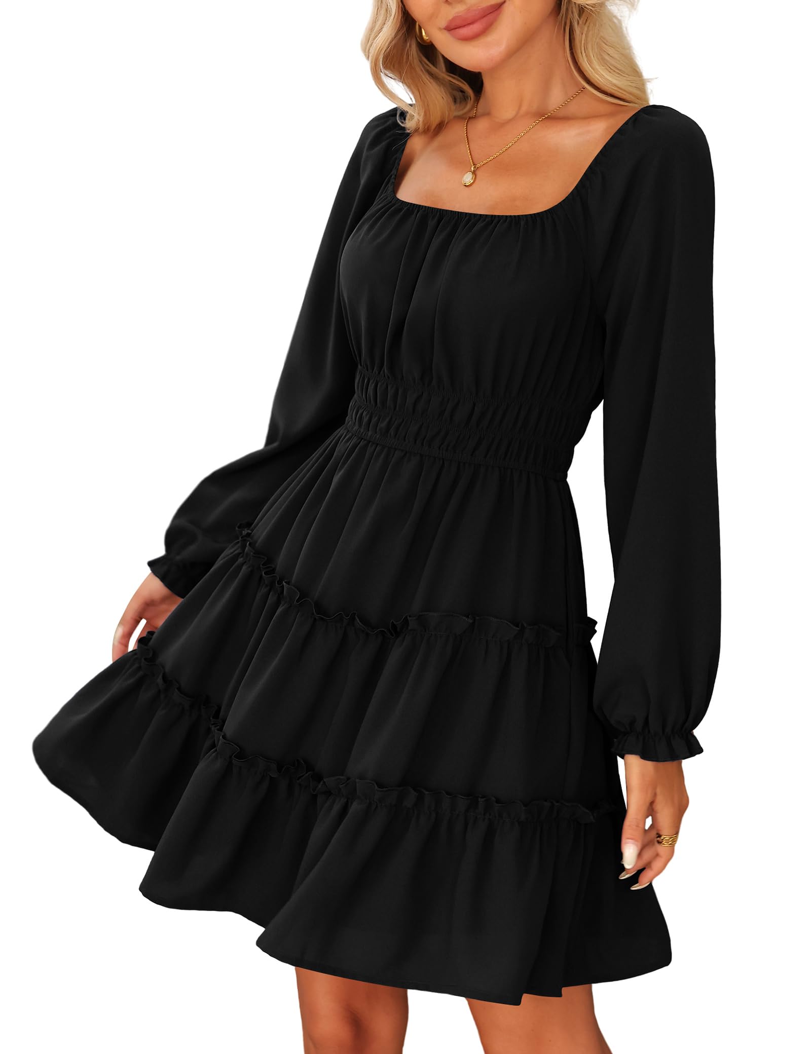 Amoretu Women’s Square Neck Long Sleeve Dress Tiered Ruffle A-Line Flowy Mini Dr