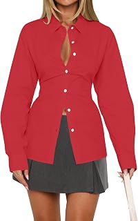 MISSACTIVER Women's Lapel Collar Button Down Shirt Cinch Waist Long Sleeve Casual Work Dressy Tunics Blouse Corset Tops
