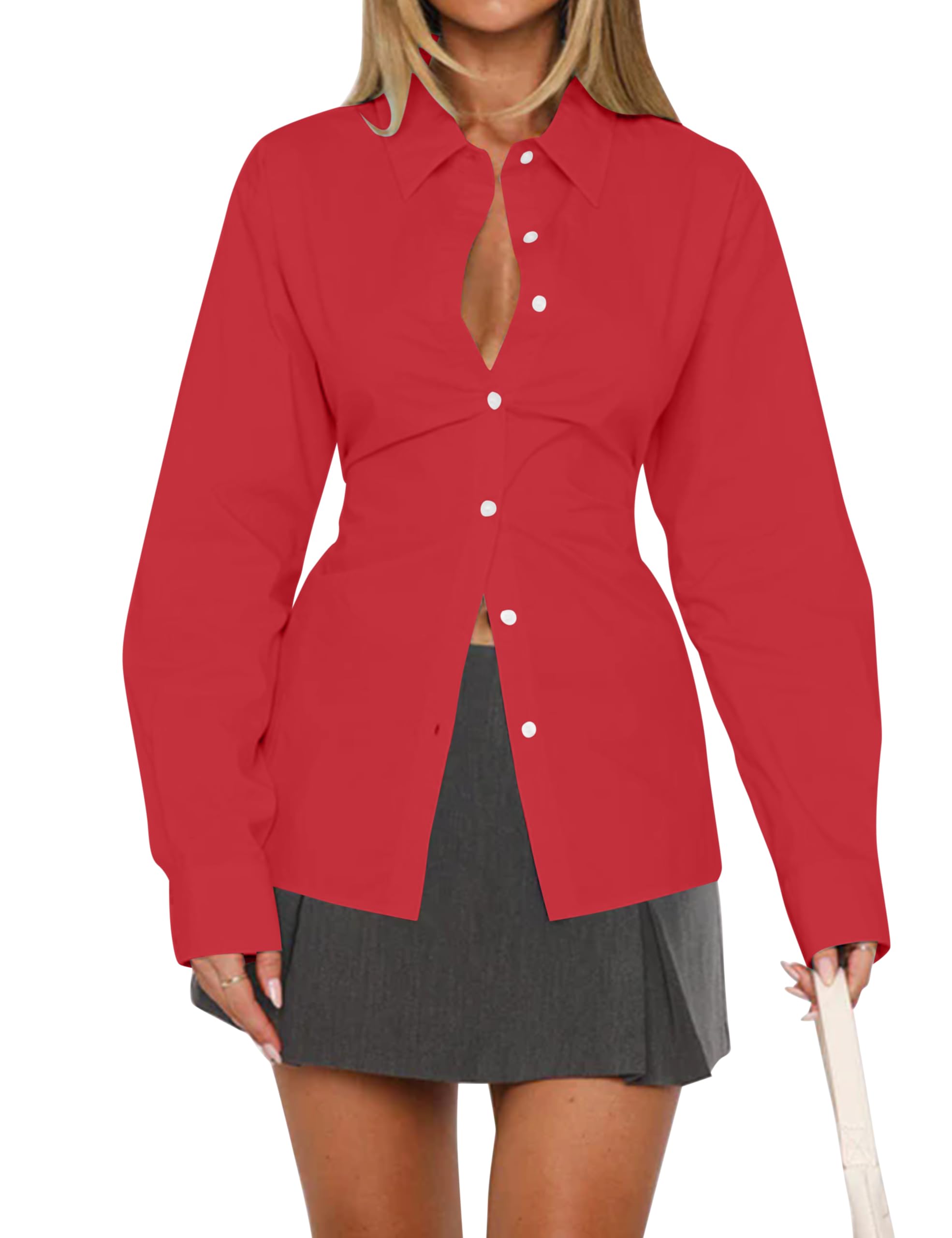 MISSACTIVER Women's Lapel Collar Button Down Shirt Cinch Waist Long Sleeve Casua
