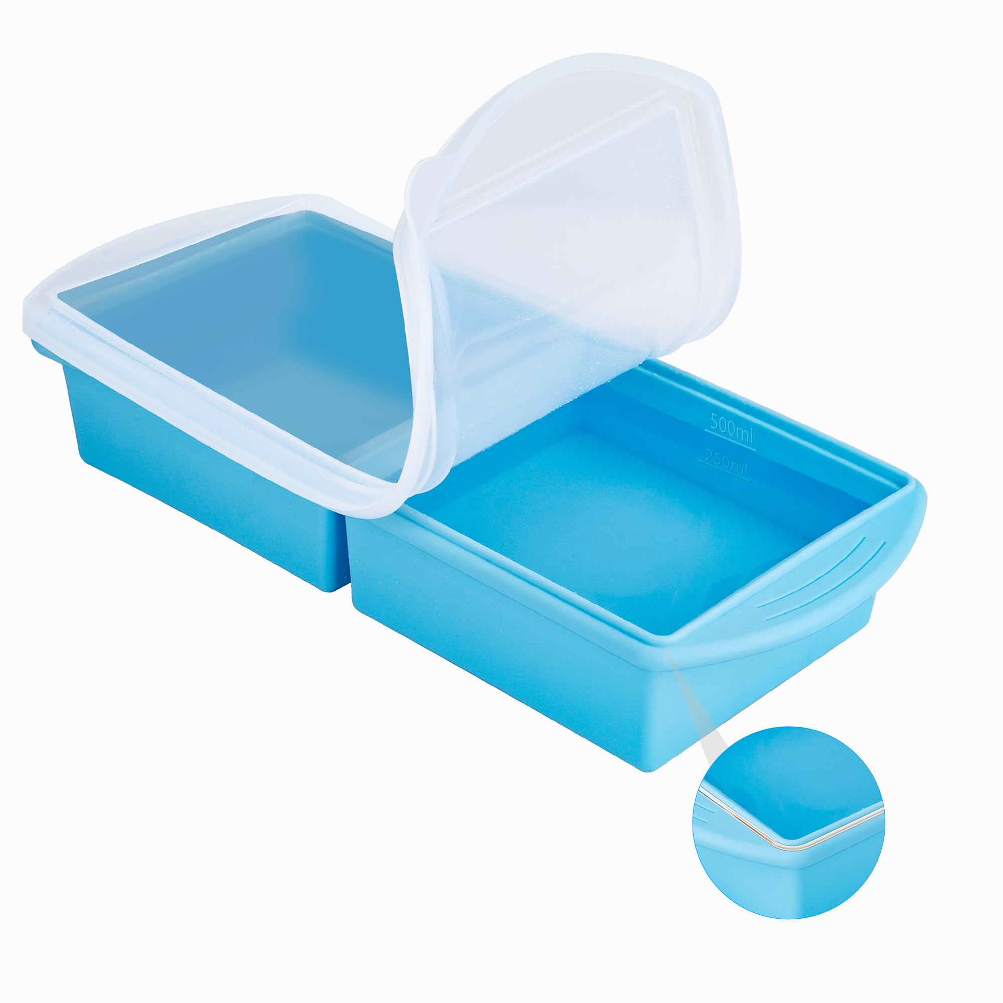 QUELIEN Blue Silicone Freezer Tray with Lid - Double Serving 250ml and 500ml Lar