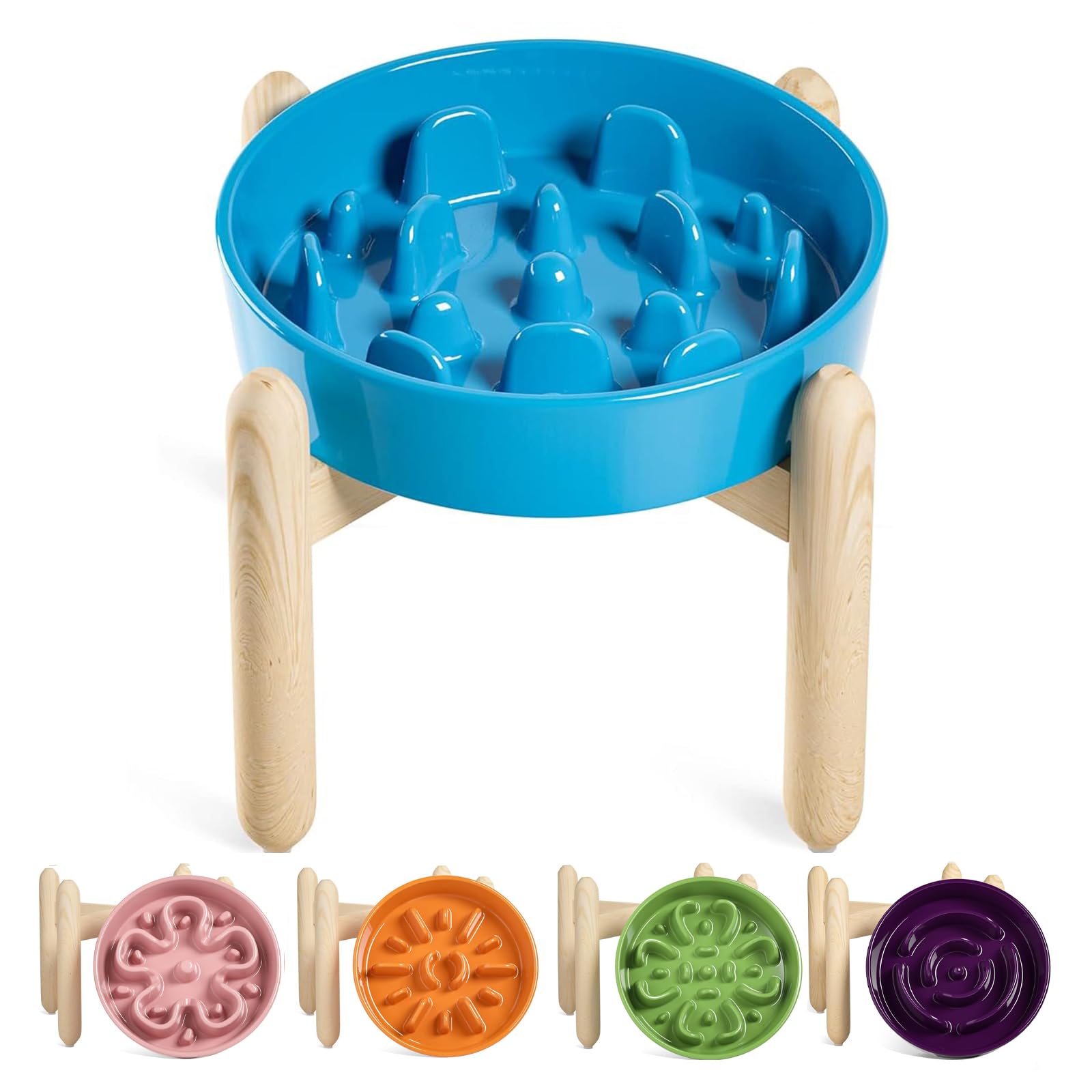 LE TAUCI Ceramic Slow Feeder Dog Bowls Elevated, 3 Cup Raised Bowl with Wooden S