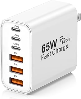 USB C Charger Block,65W 6-Port Multi Device Fast Charger PD QC Wall Adapter | GaN Technology Reduces Heat, All-in-One Multi-Device Charging for iPhone, iPad, Samsung & More, Home, Office & Travel (White)