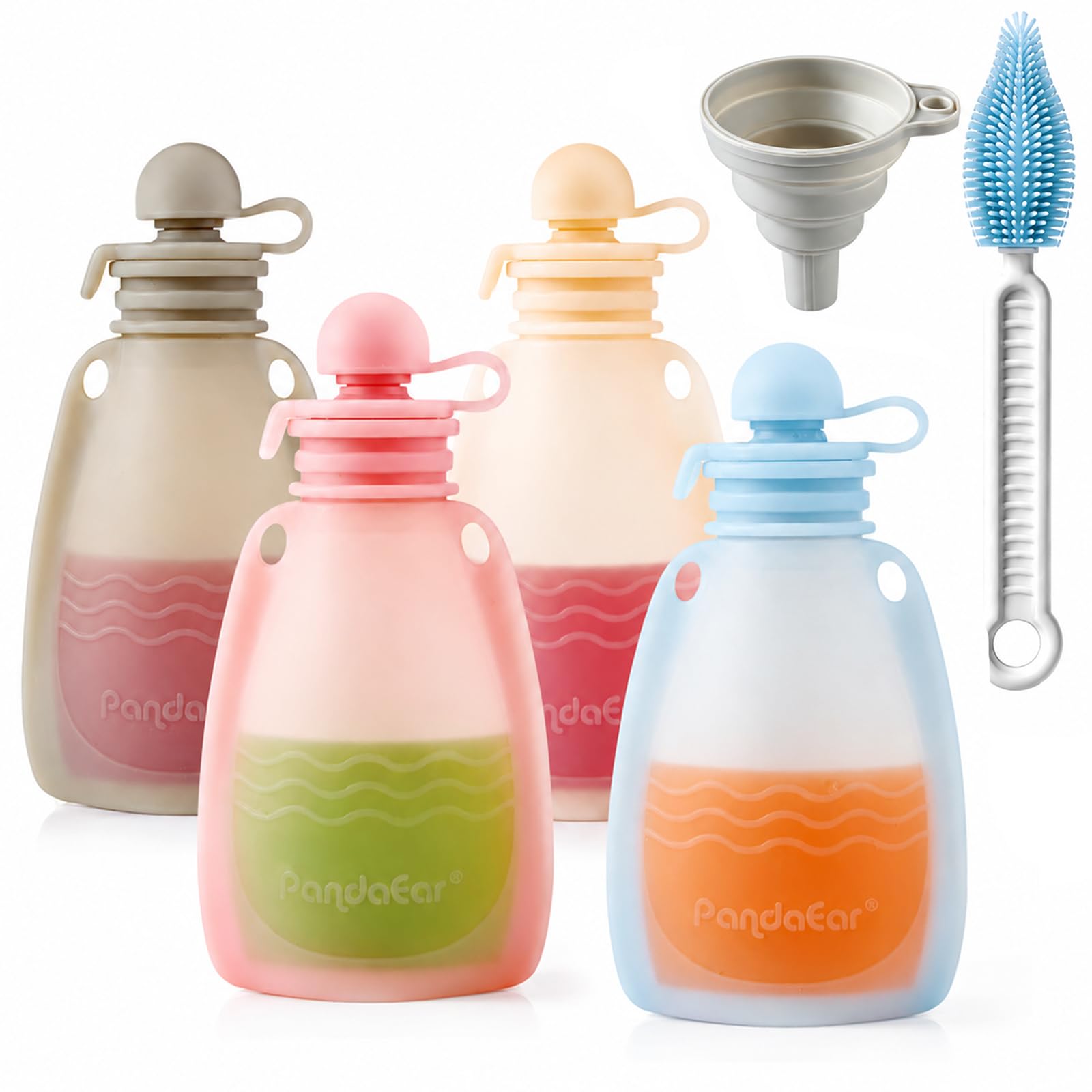 PandaEar Reusable Silicone Baby Food Pouches, 4 Pack Squeeze Pouches for Toddler