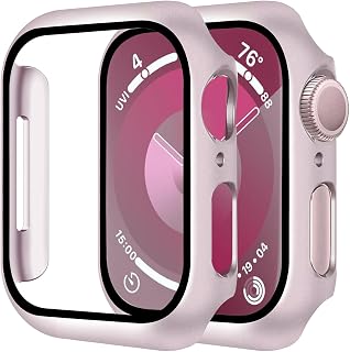 Smiling 2 Pack Case Compatible with Apple Watch Series 9/8/ 7 41mm Built in Tempered Glass Screen Protector, Hard PC Case Overall Protective Cover- 1 Pink + 1 Transparent
