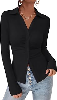PRETTYGARDEN Women Shirt Button Down V-Neck Collar Ruched Slim Fit Long Sleeve Casual Autumn Fashion Women Tops