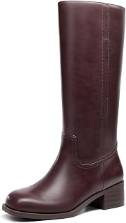 Coutgo Ladies Square Toe Wide Heel Comfort Low Heel Knee High Boots