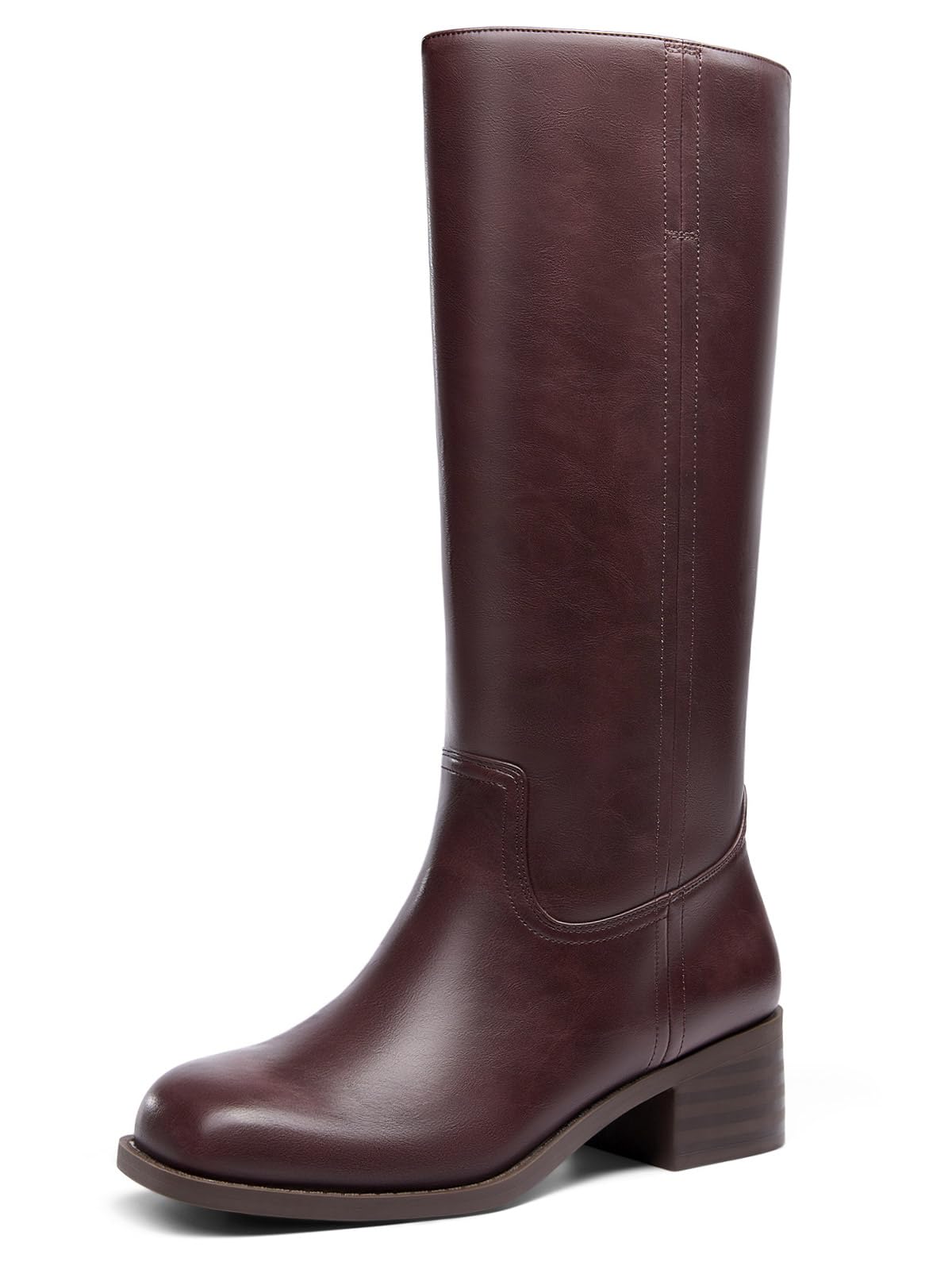 Coutgo Ladies Square Toe Wide Heel Comfort Low Heel Knee High Boots