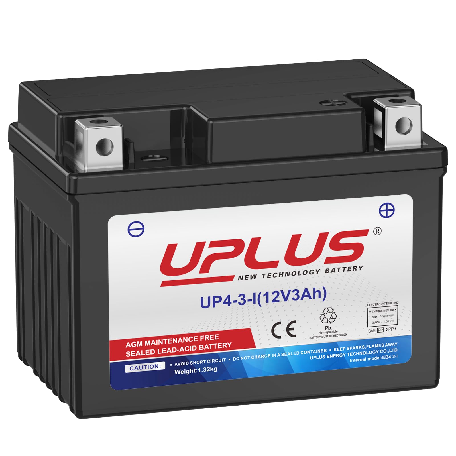 UPLUS 12V 3Ah 50A CCA AGM Motorcycle Battery UP4-3-I, Replaces TX4L-BS | 113(L)×
