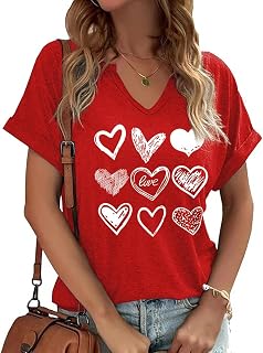 T-shirt da donna a maniche corte con scollo a V, con stampa a cuore, per San Valentino