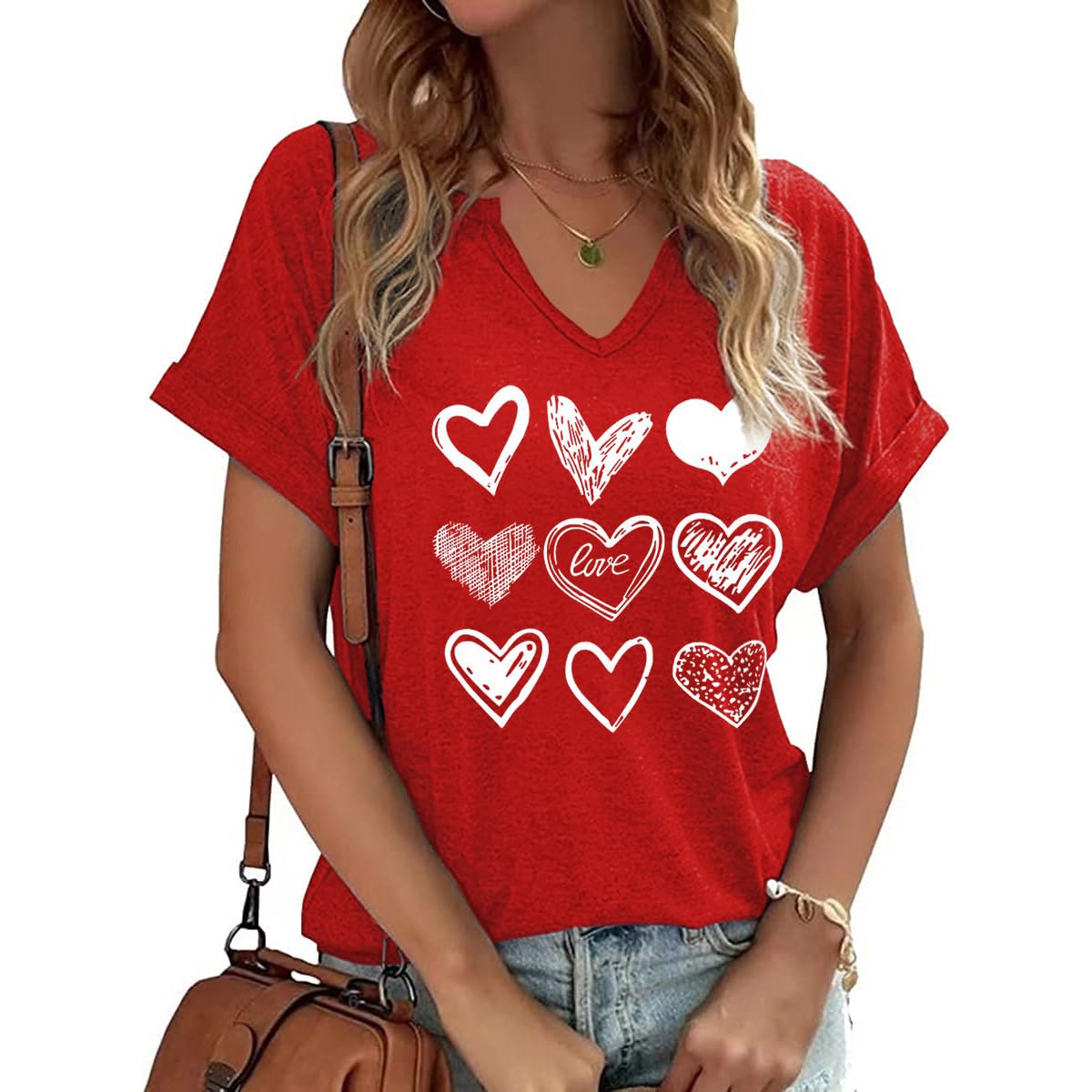 T-shirt da donna a maniche corte con scollo a V, con stampa a cuore, per San Val