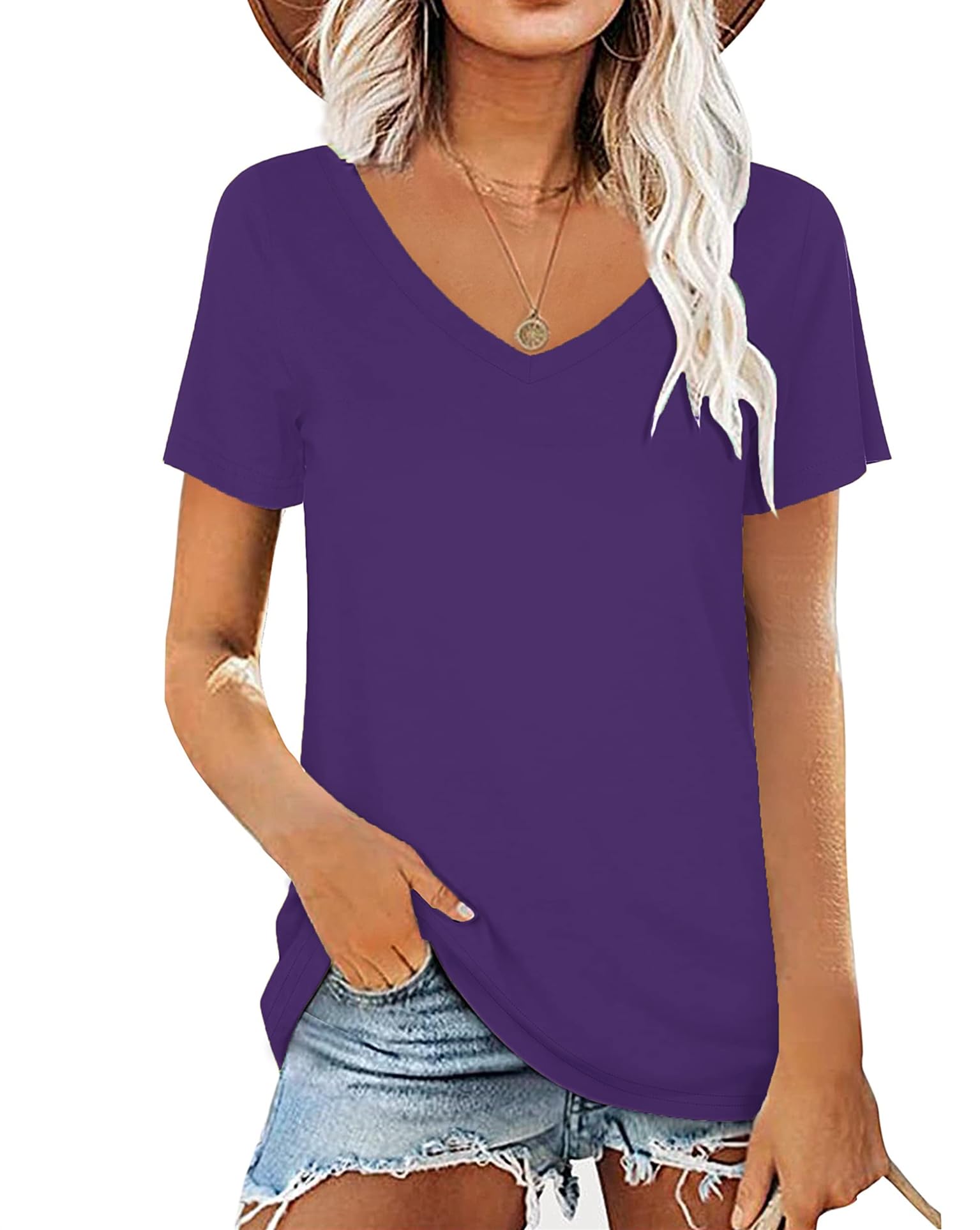Women's Summer T-Shirt V-Neck Casual Short Sleeve Tunic Tops Blue M